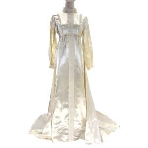 Vintage 1970s Union Made Satin Wedding Dress w/ Train Lace Trim Women's Small